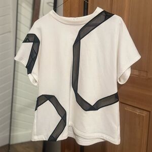 Akris Mixed Media Cotton T-Shirt with Ribbon
Mesh Tape Detail